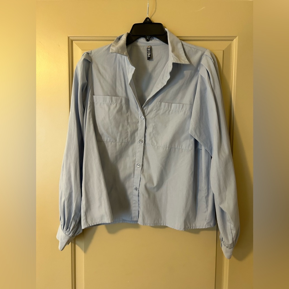 light blue puff sleeve button down top